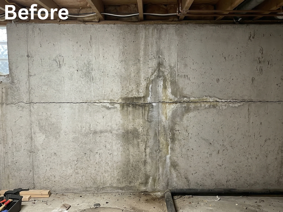 Foundation crack before polyurethane injection repair